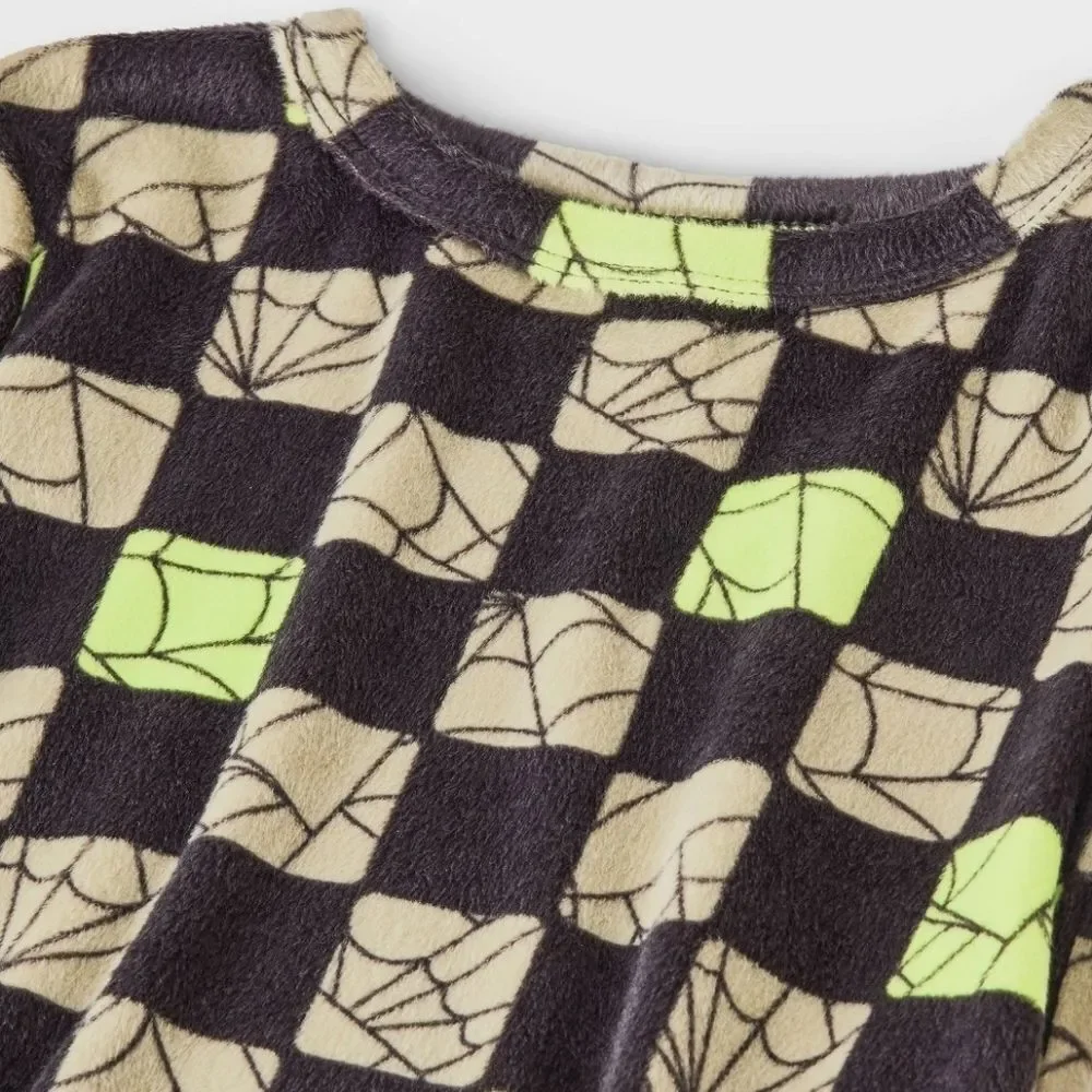 New Toddler Snuggly Soft Checkered Spiderweb Halloween Pajama Set 2T